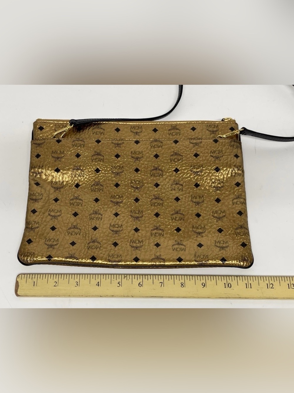 MCM Gold Metallic Logo Wristlet Clutch with Black Trim